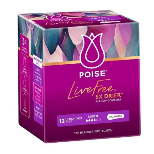 Poise Live Free Pad No Wings Super Female 210ml 28cm 12pk