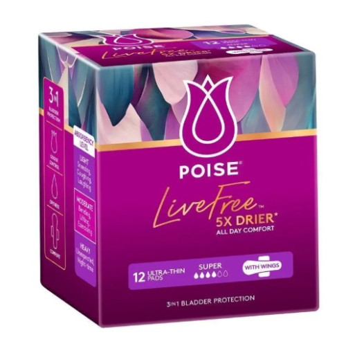 Poise Live Free Pad With Wings Super Female 210ml 28cm 12pk
