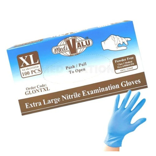 Medivalu Blue Nitrile Examination Gloves Extra Large Powder Free TGA Approved