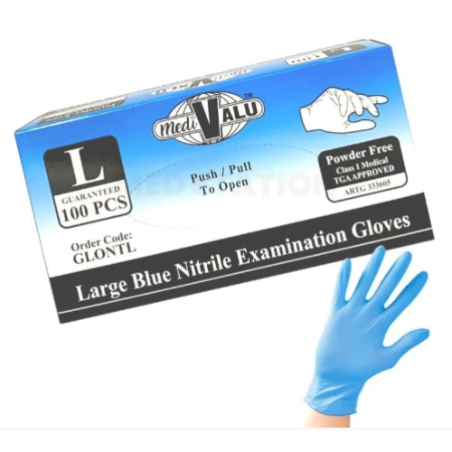 Medivalu Blue Nitrile Examination Gloves Large Powder Free TGA Approved