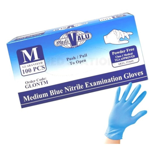 Medivalu Blue Nitrile Examination Gloves Medium Powder Free TGA Approved