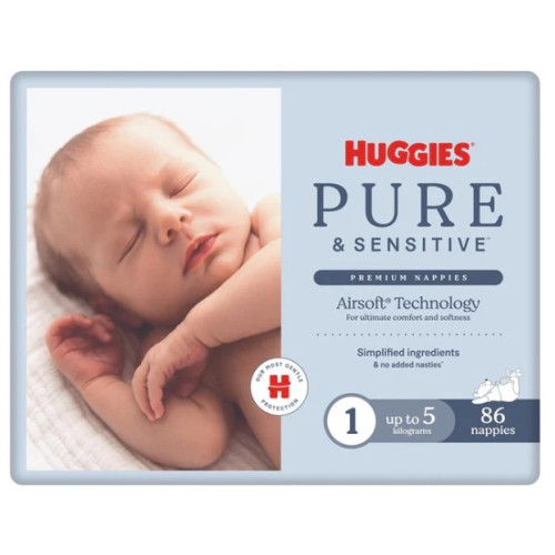 Huggies Pure & Sensitive Premium Nappies Newborn Size1 up to 5kg Pack of 86