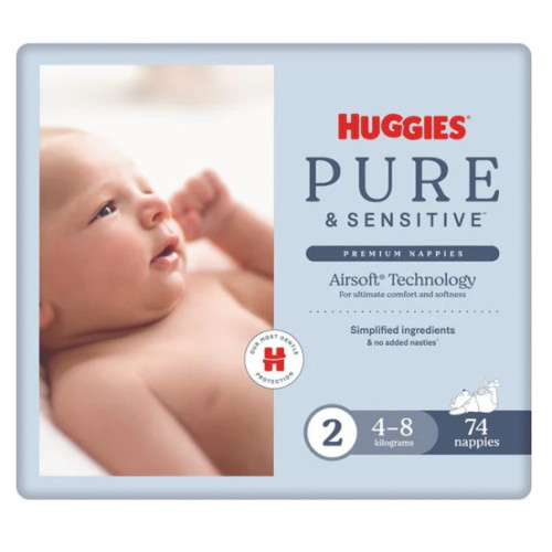 Huggies Pure & Sensitive Premium Nappies Newborn Size2 4-8kg Pack of 74