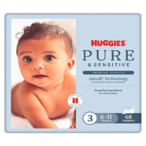 Huggies Pure & Sensitive Premium Nappies Newborn Size3 6-11kg Pack of 68