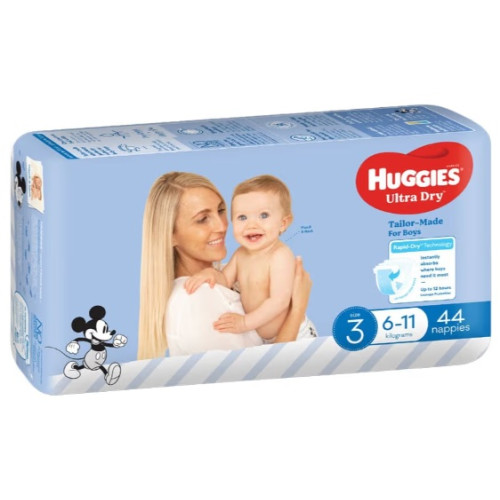 Huggies Ultra Dry Nappies for Boys Size3 6-11kg Rapid Dry Crawler Bulk 44pcs