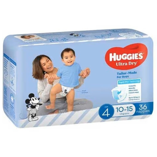 Huggies Ultra Dry Nappies for Boys Size4 10-15kg Rapid Dry Toddler Bulk 36pcs