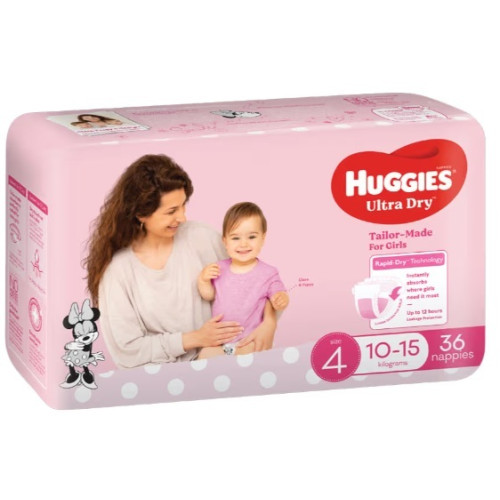 Huggies Ultra Dry Nappies for Girls Size4 10-15kg Rapid Dry Toddler Bulk 36pcs