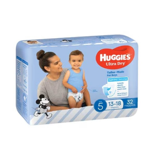 Huggies Ultra Dry Nappies for Boys Size5 13-18kg Rapid Dry Walker Bulk 32pcs