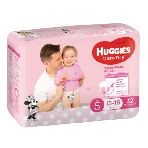 Huggies Ultra Dry Nappies for Girls Size5 13-18kg Rapid Dry Walker Bulk 32pcs