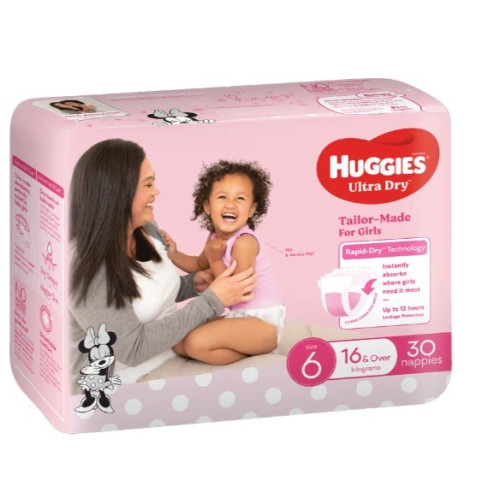 Huggies Ultra Dry Nappies for Girls Size6 16+kg Rapid Dry Junior Bulk 30pcs