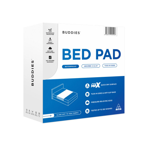 Buddies Absorb Max Bed Pad Waterproof Grey Double 90x137cm 5.4L with Tuck-in sides