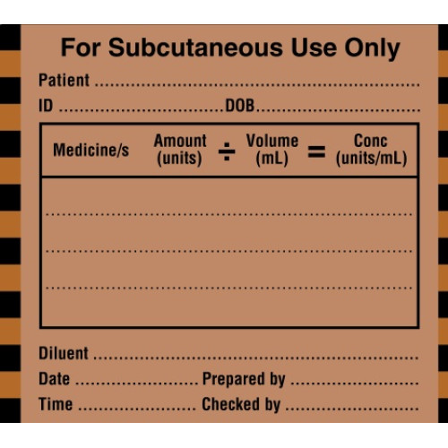 Label "For Subcutaneous Use Only" Large Bag Bottle and Syringe 100x60mm