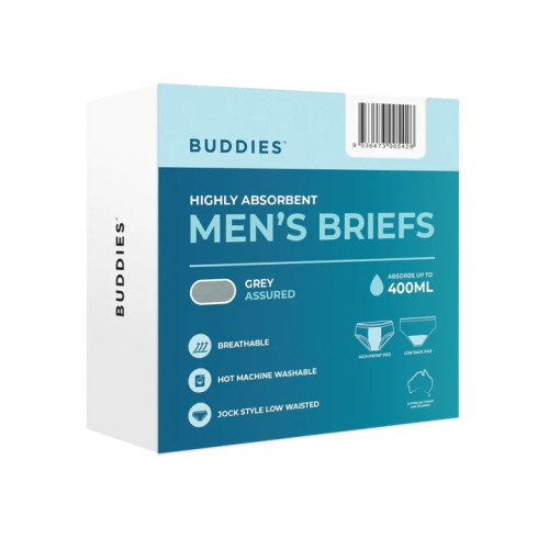 Buddies Assured Mens Washable Brief Jock Style Highly Absorbent 3 XL Waist 125cm 400ml Grey